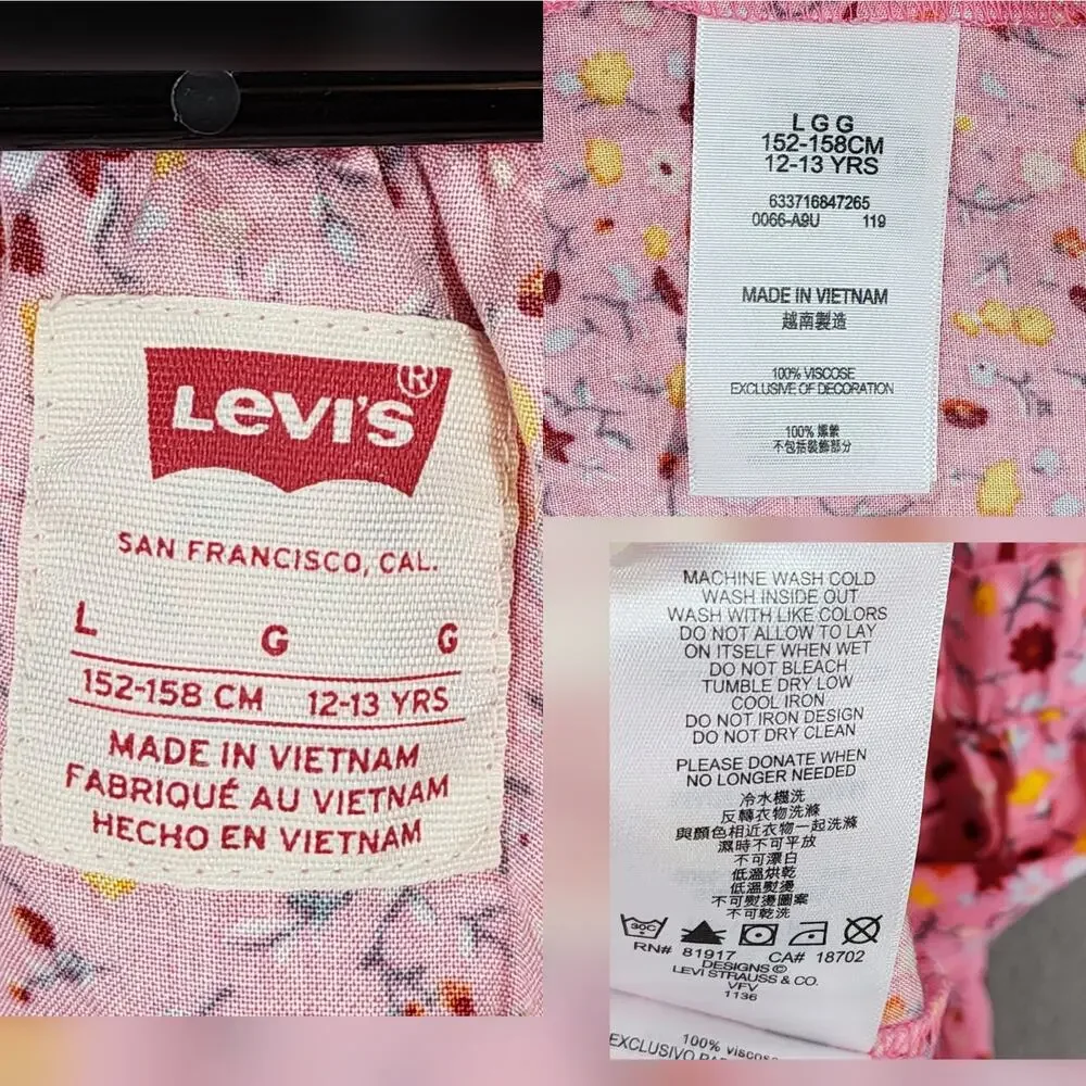 Levis Ruffle Dress L Kids Girl Cold Shoulder Floral Pink Tiered Midi 12-13yr NEW